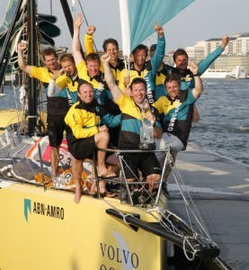 ABN Amro One’s crew celebrate their win aftre the finish of Leg 9 in Sweden. © TEAM ABN AMRO/Jon Nash